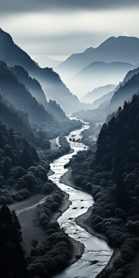 Ogent mörkt landskap : flodberg och lugn i minimalistiskt japanskt format royaltyfri illustrationer