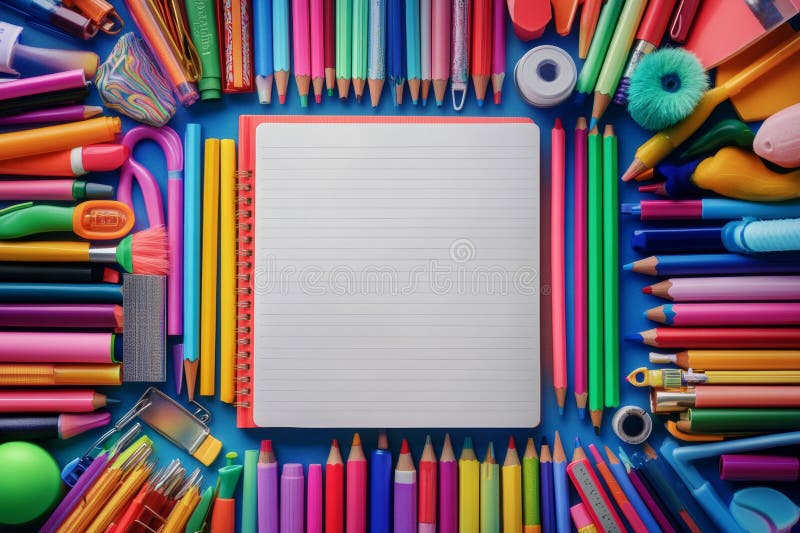 Oggetti di cancelleria dai colori brillanti circondano un notebook vuoto aperto su una superficie vibrante. L'accordo crea un immagini stock libere da diritti