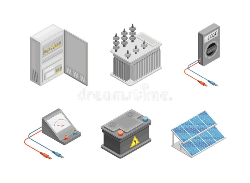 Oggetti Elettrici Con Quadro Di Manovra Dell'accumulatore E Set Di Vettori  Isometrici Del Pannello Solare Illustrazione Vettoriale - Illustrazione di  armadietto, portatile: 255254104