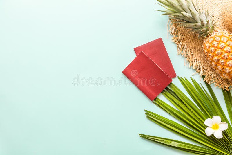 Oggetti posti piani di viaggio: ananas fresco, due passaporti, cappello, plumeria tropicale del fiore e foglia di palma Posto per immagini stock Oggetti posti piani di viaggio: ananas fresco, due passaporti, cappello, plumeria tropicale del fiore e foglia di palma Posto per immagini stock