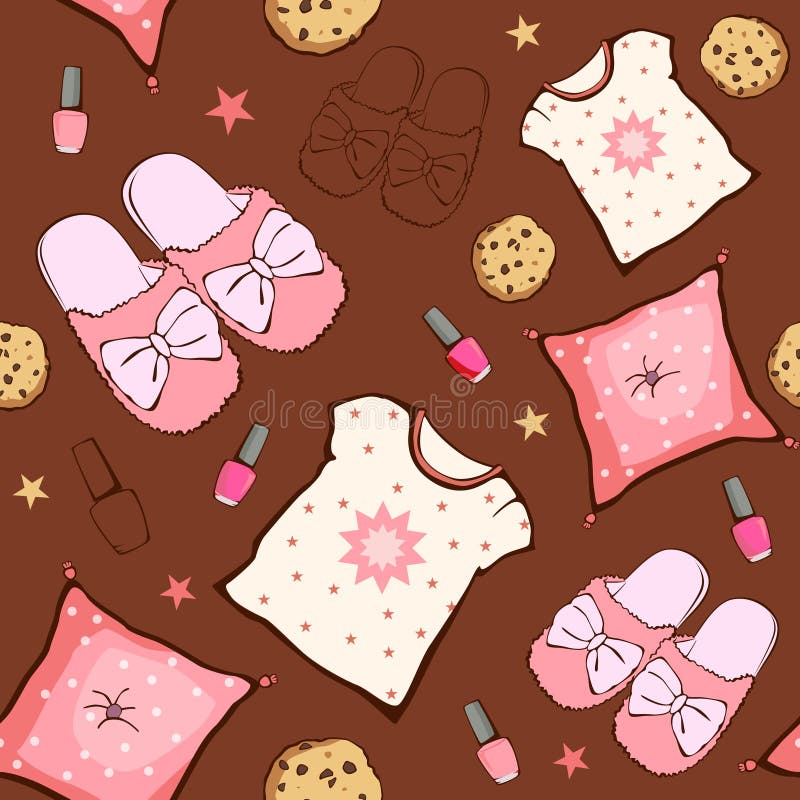 Oggetti rosa dell'alimento del partito dello Sleepover di Brown di vettore illustrazione di stock