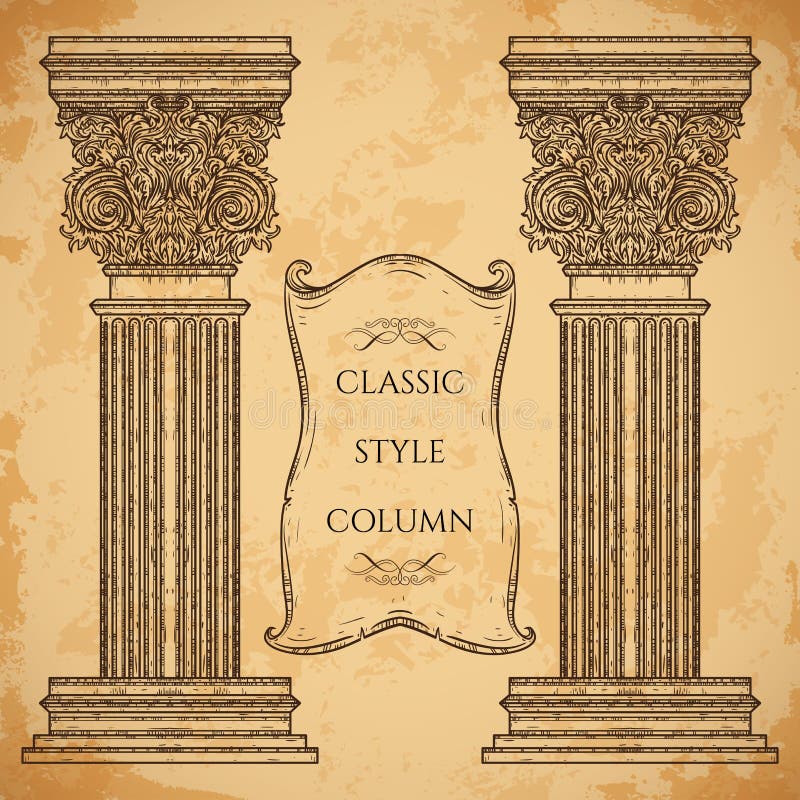 Oggetto d'antiquariato e colonna di stile ed insieme classici barrocco di vettore dell'insegna del nastro Elementi architettonici illustrazione vettoriale