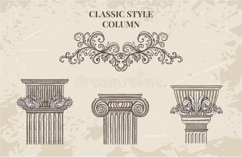 Oggetto d'antiquariato ed insieme classico barrocco del vettore colonna di stile Elementi architettonici d'annata di progettazion illustrazione vettoriale