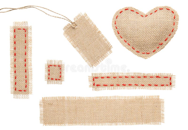 Oggetto dell'etichetta dell'etichetta della toppa di forma del cuore della tela di sacco con la cucitura dei punti immagini stock libere da diritti Oggetto dell'etichetta dell'etichetta della toppa di forma del cuore della tela di sacco con la cucitura dei punti immagini stock libere da diritti
