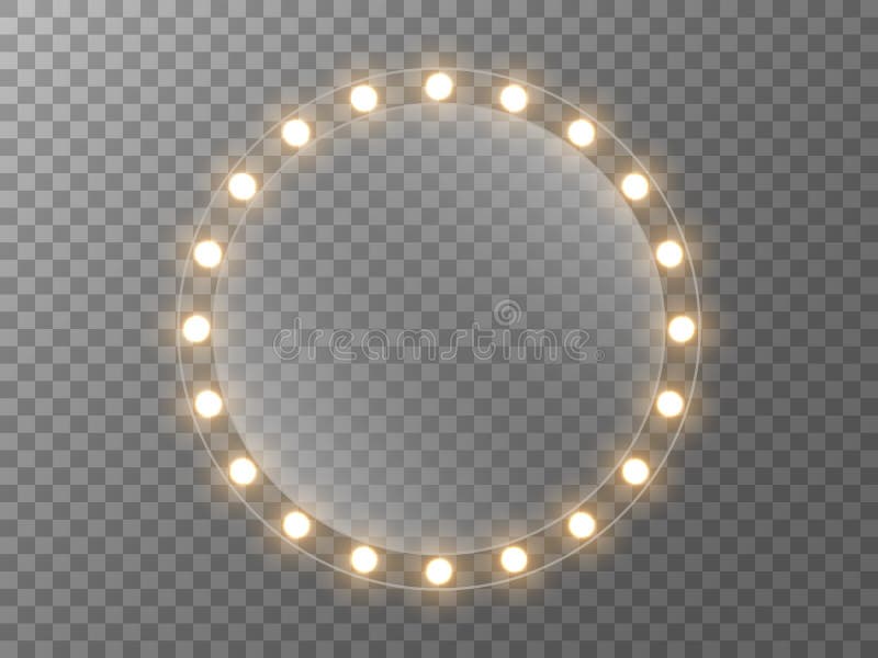 Oglindă de machiaj cu lumini. oglindă rotundă cu bulbi de aur. cadru cu lămpi luminoase. sticlă iluminată realistă pentru banner vector illustration