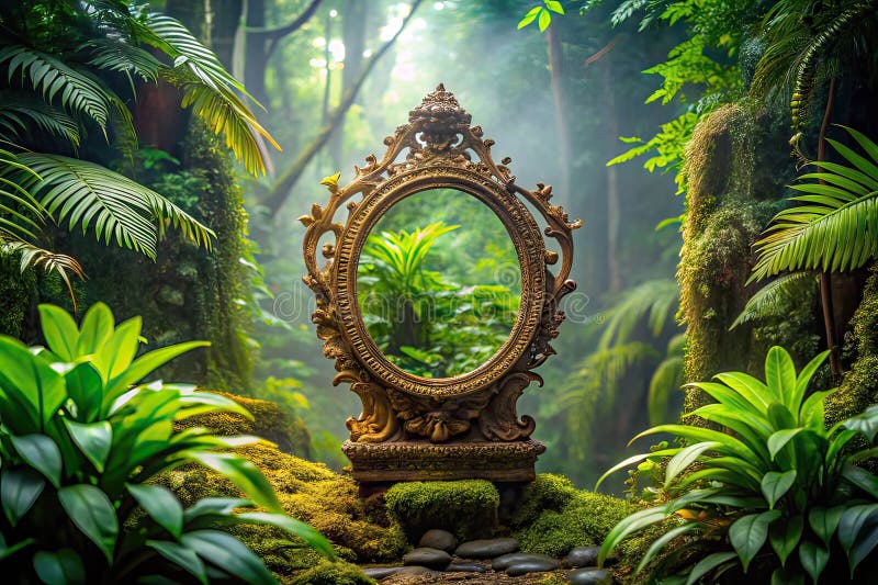 Oglindă Ornată Feerică Reflectând o Oază de Junglă Cețoasă O Explorare Macro Fotografie a Frunzișului Luxuriant și Exotic royalty free illustration