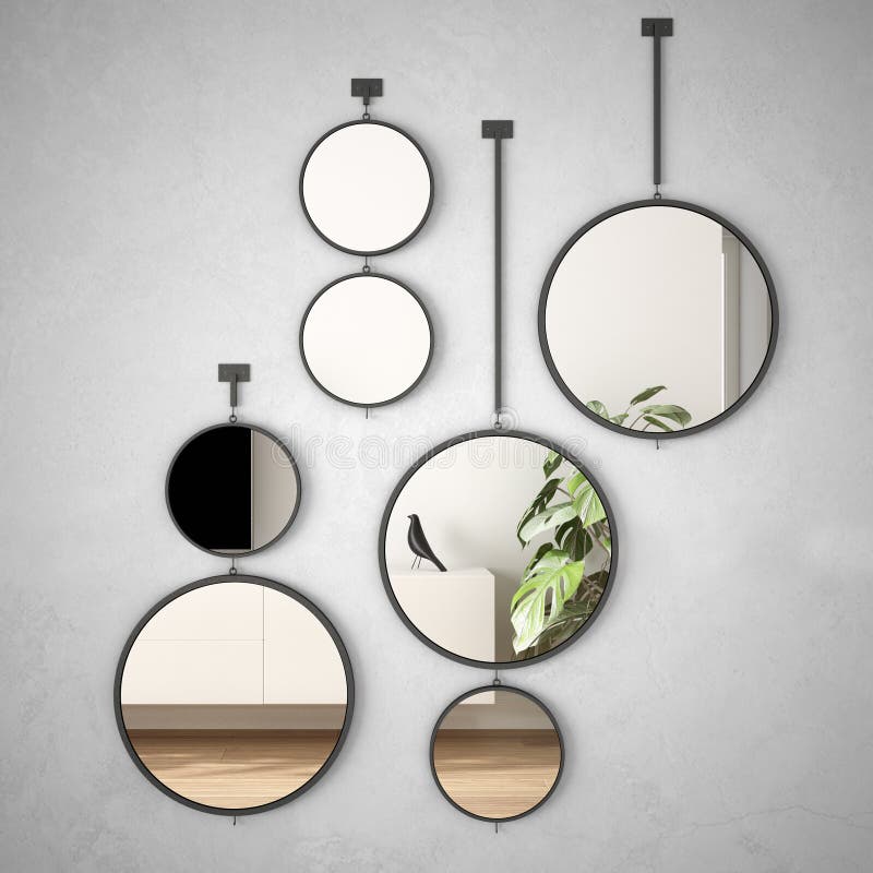 Oglinzi rotunde atârnate pe perete reflectând scena de proiectare interioară minimalistă a conceptului de arhitectură modernă a vi stock images