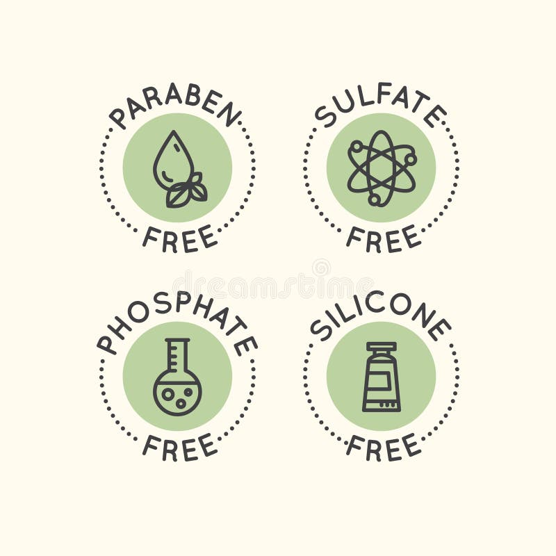 Vector Style Illustration Logo Set Badge Ingredient Warning Label Icons. GMO, SLS, Paraben, Cruelty, Sulfate, Sodium, Phosphate, Silicone, Preservative Free Organic Product Stickers