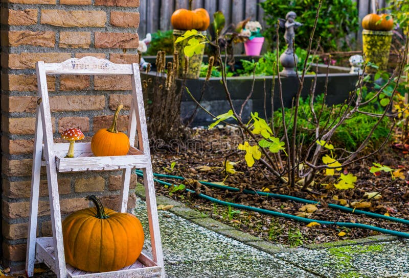 Ogród jesienny, tradycyjne ozdoby halloweenowe i jesienne, tło sezonowe zdjęcie stock Ogród jesienny, tradycyjne ozdoby halloweenowe i jesienne, tło sezonowe zdjęcie stock