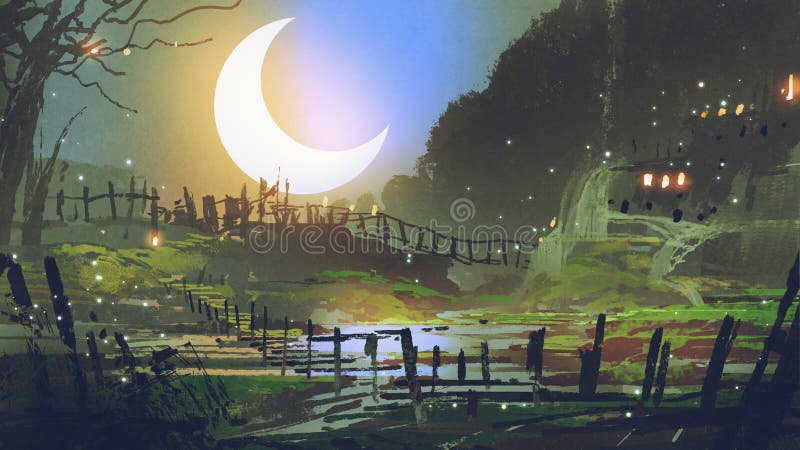 Ogród przy nocą z dużą półksiężyc księżyc ilustracji