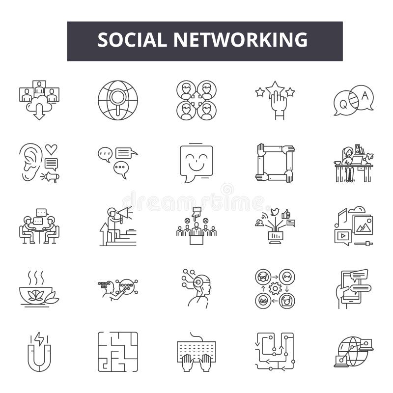 Ogólnospołeczne networking linii ikony, znaki, wektoru set, kontur ilustracji pojęcie ilustracji