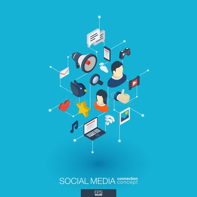 Social Media integrated 3d web icons. Digital network isometric interact concept. Connected graphic design dot and line system. Background for market service, communicate and share. Vector Infograph. Social Media integrated 3d web icons. Digital network isometric interact concept. Connected graphic design dot and line system. Background for market service, communicate and share. Vector Infograph