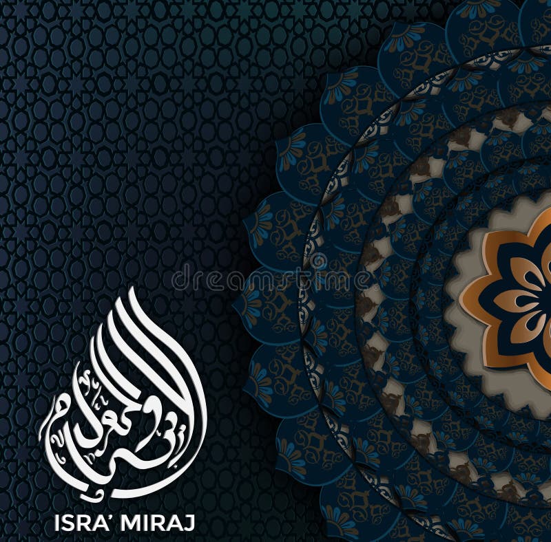 Isra`miraj mubarak arabesque motif design background in blue and bronze tone