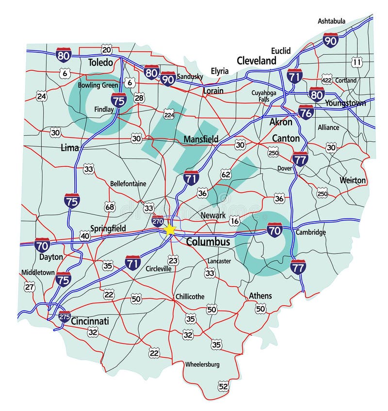 Ohio státní silniční mapa s Interstates, Usa Dálnic a státních silnic.