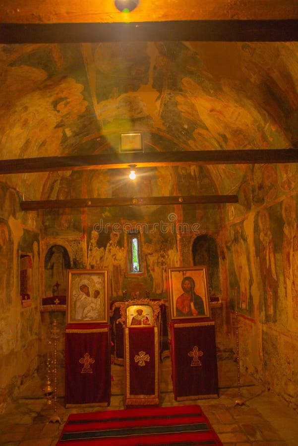 OHRID, NORTH MACEDONIA: Interior of the temple with frescoes. Church St. Nicholas Bolnichki built in the XIV century