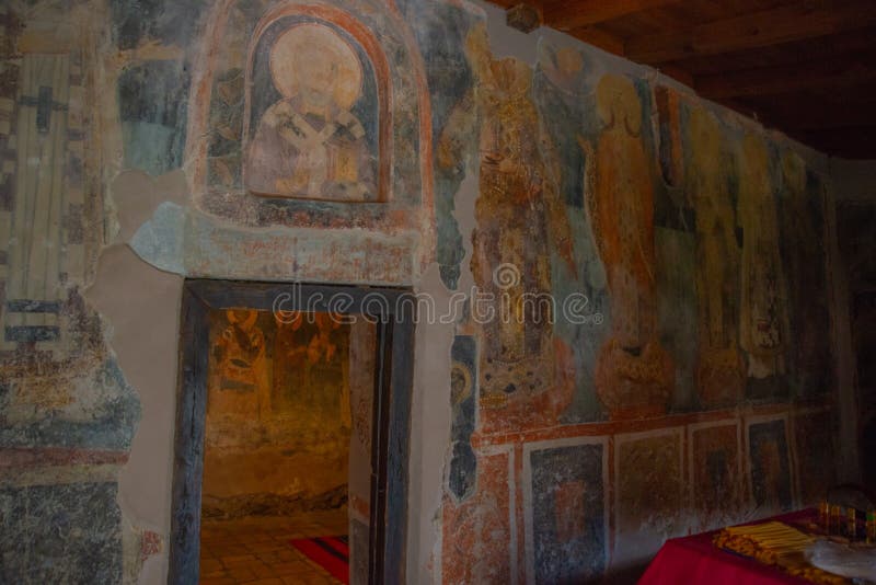 OHRID, NORTH MACEDONIA: Interior of the temple with frescoes. Church St. Nicholas Bolnichki built in the XIV century