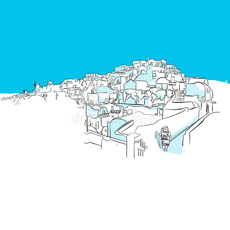Oia panorama, Grekland, blå serie stock illustrationer Oia panorama, Grekland, blå serie stock illustrationer