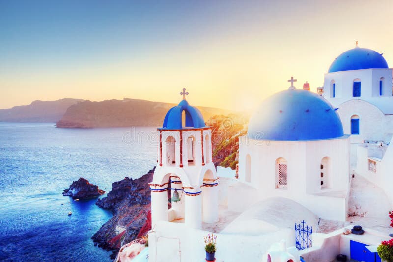 Oia Town on Santorini Greece at Sunset. Aegean Sea Stock Photo - Image ...