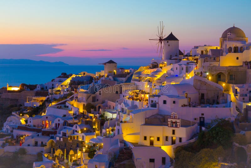 Oia zonsondergang, Santorini-eiland, Griekenland stock fotografie Oia zonsondergang, Santorini-eiland, Griekenland stock fotografie