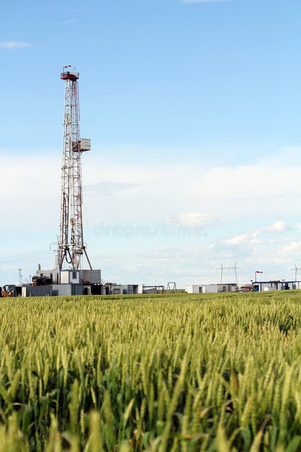 Oil drilling rig on wheat field stock images