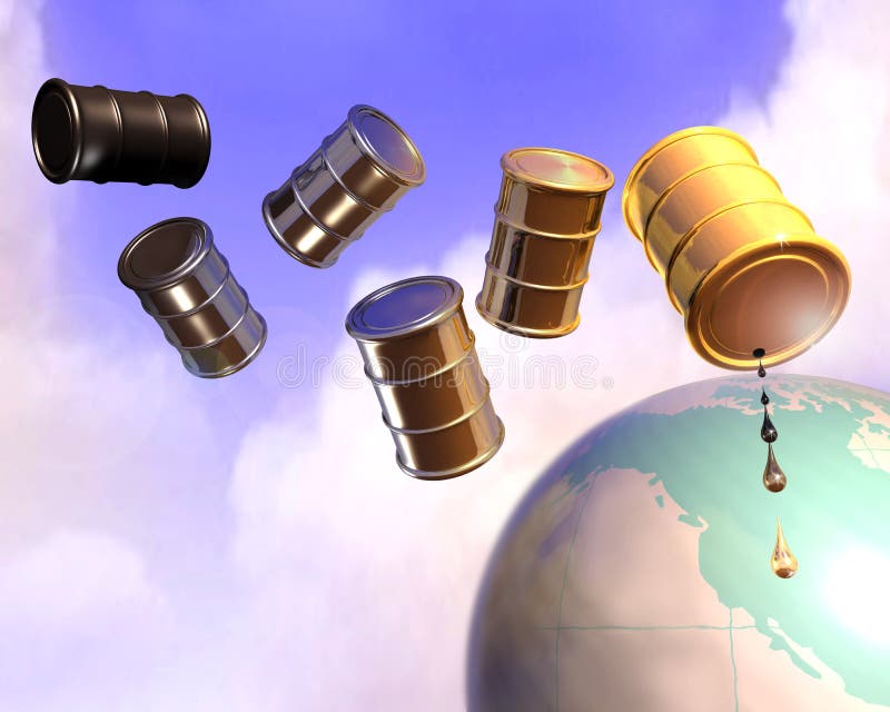 3d illustration of oil drums flying over earth globe. 3d illustration of oil drums flying over earth globe