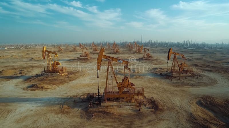 Oil Extraction Process Taking Place at a Large Petroleum Site With Multiple Drilling Rigs Operating Under a Cloudy Sky