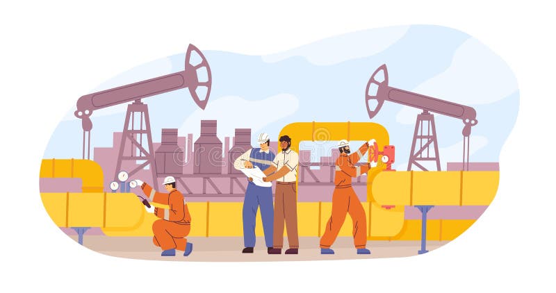 Oil or gas pipeline service vector flat illustration. Engineer and oilman looking to professional document isolated royalty free illustration