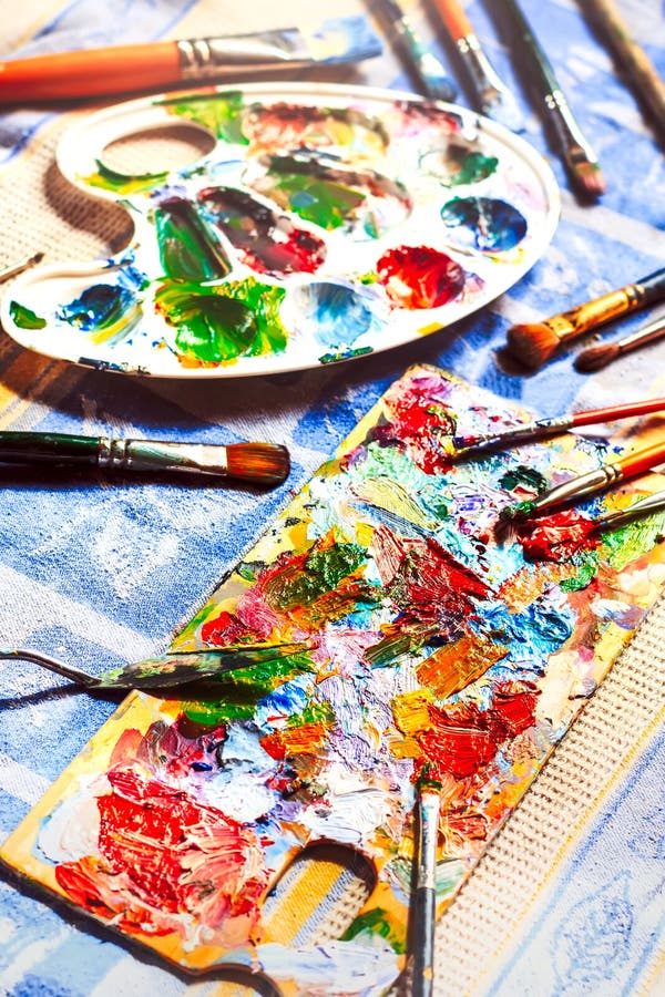 Oil Paint, Different Types of Brushes and Palette Stock Image Image of blue, background 72446143