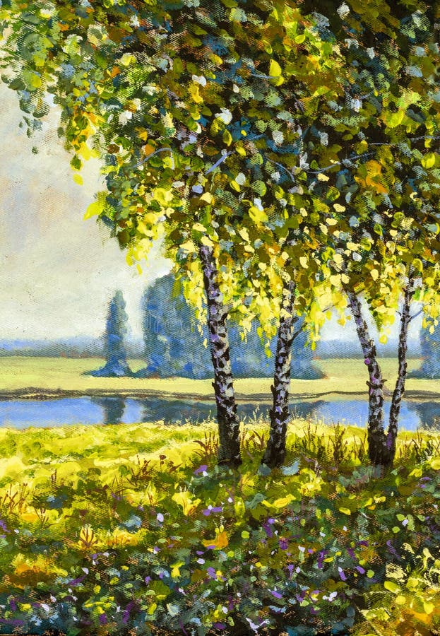 Oil painting acrylic modern art Russian sunny rural landscape with spring birch trees forest and river pond