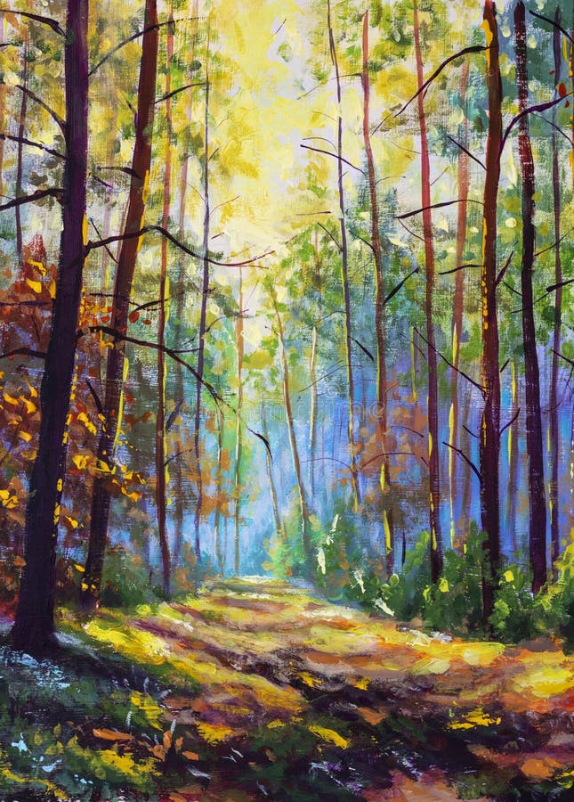 Oil painting. Amazing autumn forest in morning sunlight. Red and yellow leaves on trees in woodland. Golden park alley landscape