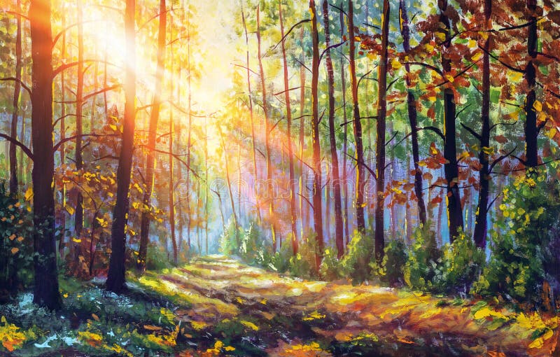 Oil painting. Amazing autumn forest in morning sunlight. Red and yellow leaves on trees in woodland. Golden park alley landscape