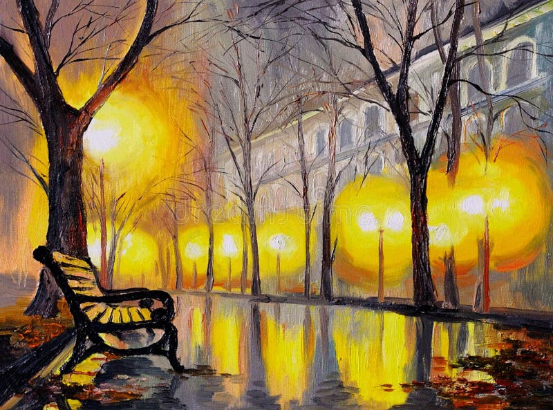 Oil painting of autumn street, art work