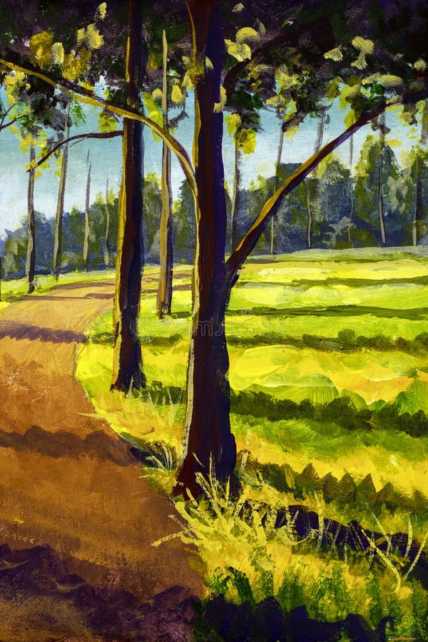 Oil painting big trees park on sunny field and road against the backdrop of forest. Sunny illustration art