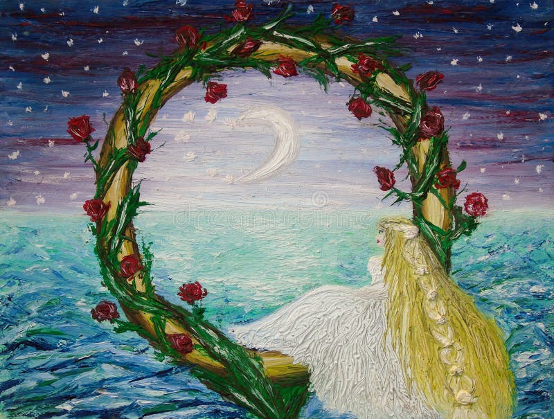 Oil painting of a bride sitting inside a golden wedding ring surrounded by a red rose plant, on a nocturnal background.