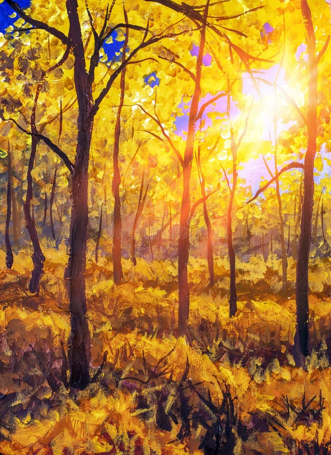 Oil painting canvas Sunset Or Sunrise In autumn Forest Landscape. Sun Sunshine Sunlight And Rays Through autumn Woods Trees In warm Forest. Beautiful Scenic View art