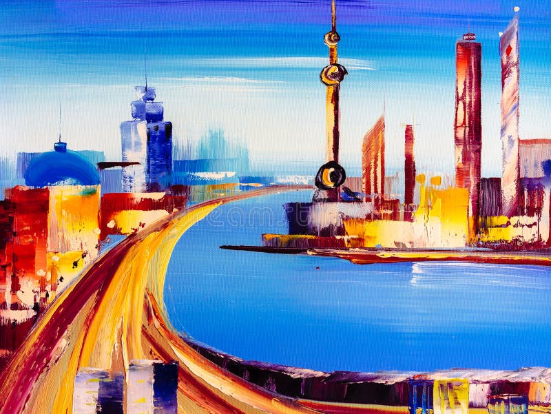 Oil Painting - City View of Shanghai vector illustration Oil Painting - City View of Shanghai vector illustration
