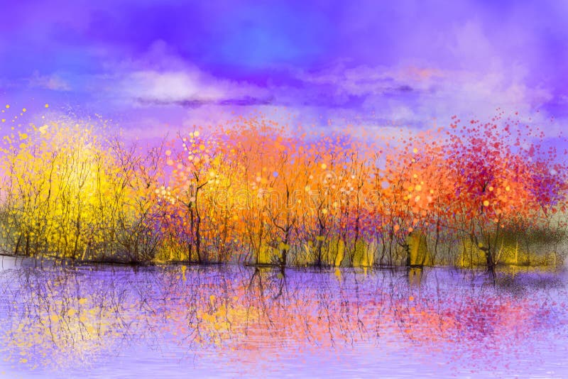 Oil painting colorful autumn landscape background vector illustration