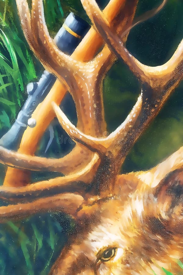 Oil Painting of Deer with Antlers and Hunter in the Background. Graphic