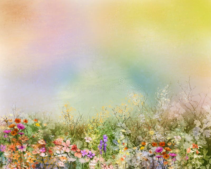Oil painting flowers plant. Purple cosmos, white daisy, cornflower, wildflower, dandelion flower in fields.