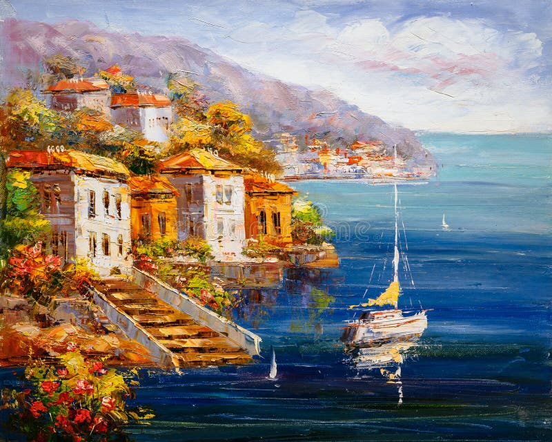 Oil Painting Harbor View, Greece Stock Illustration Illustration of