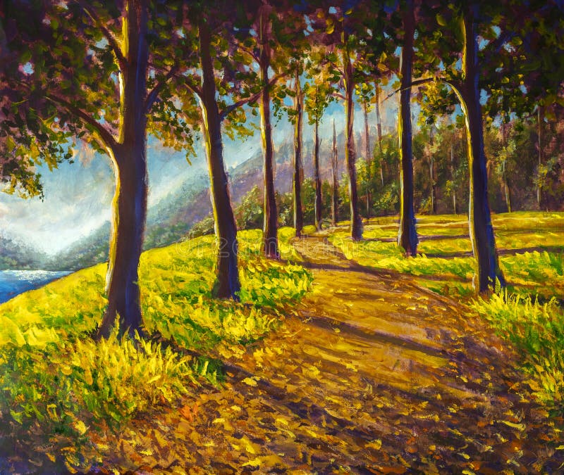 Oil painting hiking trail road in sunny forest park alley artwork, big sun trees on orange autumn rural landscape illustration on canvas