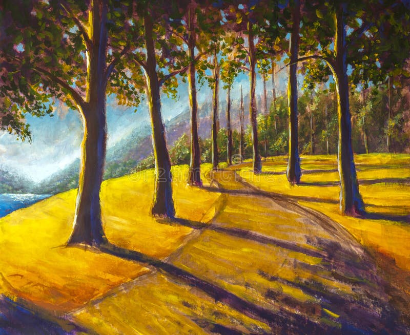 Oil painting hiking trail road in sunny forest park alley artwork, big sun trees on orange autumn rural landscape illustration on canvas