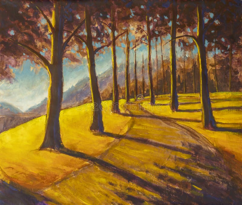 Oil painting hiking trail road in sunny forest park alley artwork, big sun trees on orange autumn rural landscape illustration on canvas