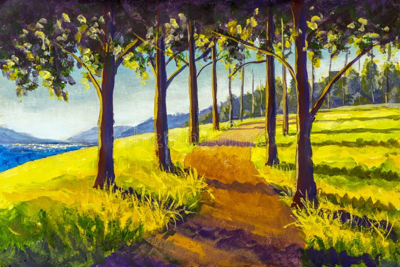 Oil painting hiking trail road in sunny forest park alley artwork, big sun trees on orange autumn rural landscape illustration on canvas