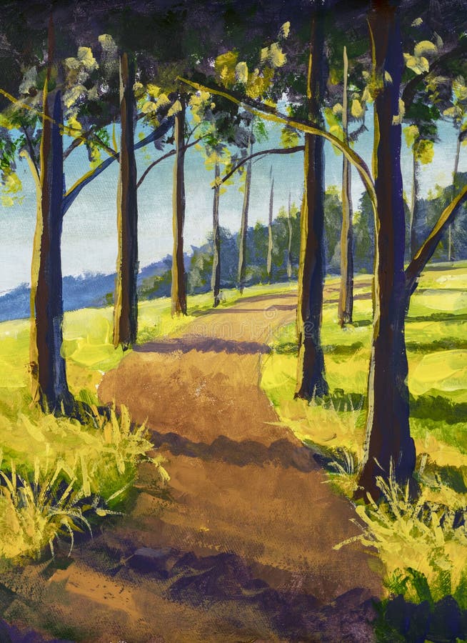 Oil painting hiking trail road in sunny forest park alley artwork, big sun trees on orange autumn rural landscape illustration on canvas