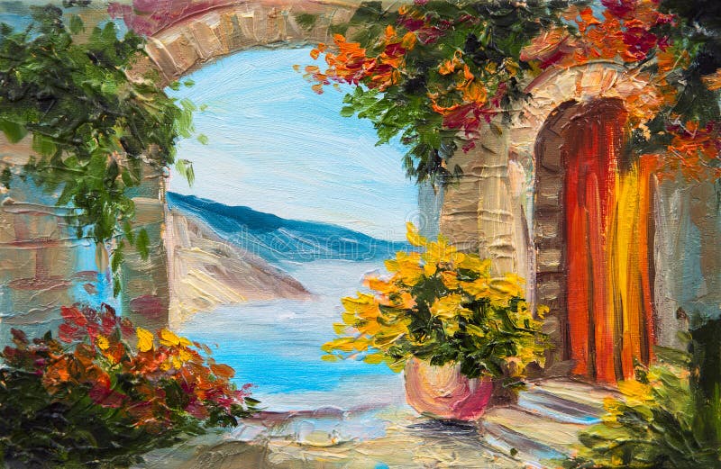 Oil painting - house near the sea, colorful flowers, summer