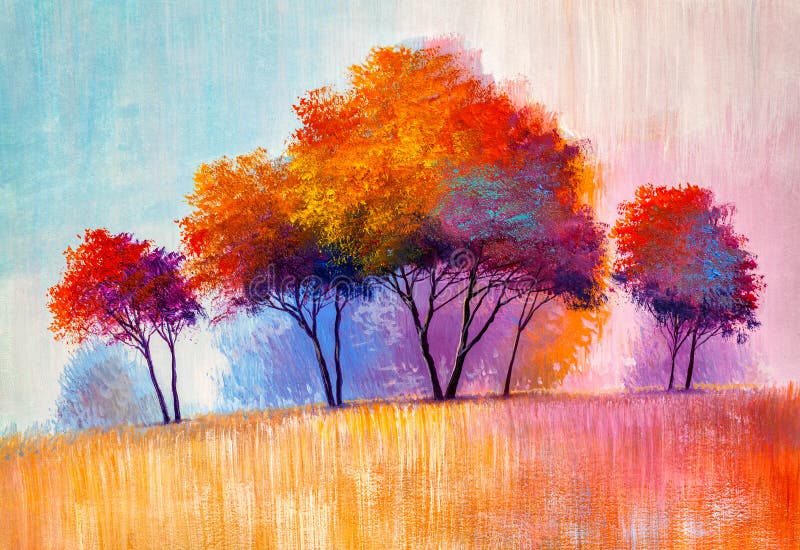 Oil painting landscape, colorful autumn forest
