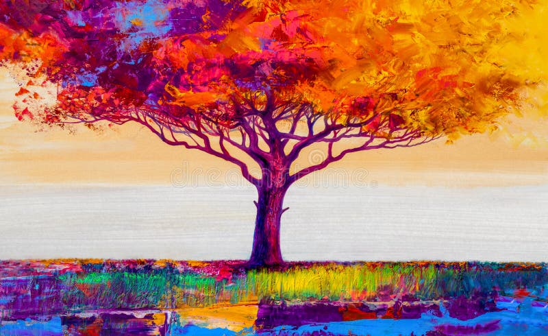 Oil painting landscape. Colorful autumn tree. Abstract style