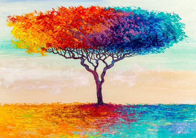 Oil painting landscape. Colorful autumn tree. Abstract style. Oil painting landscape, colorful abstract  tree. Hand Painted Impressionist