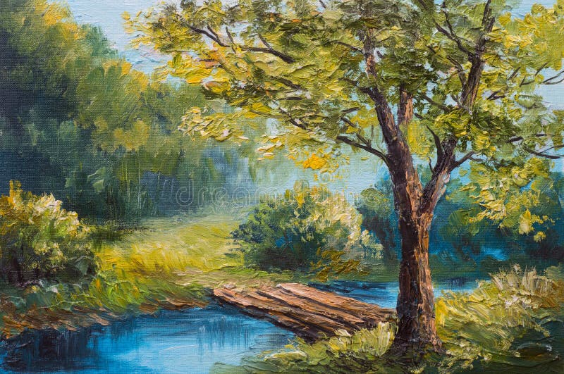 Oil painting landscape - colorful summer forest, beautiful river.